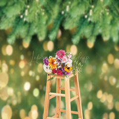 Lofaris Gold Bokeh Green Pine Christmas Photo Backdrop