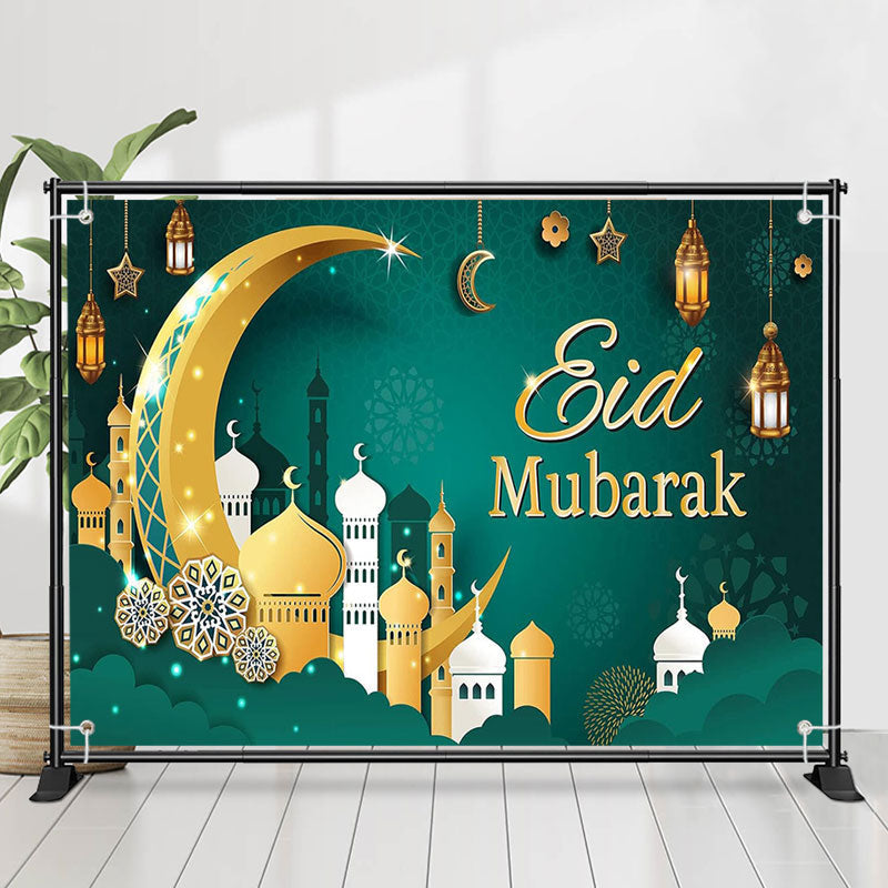 Lofaris Gold Crescent Green Pattern Eid Mubarak Backdrop