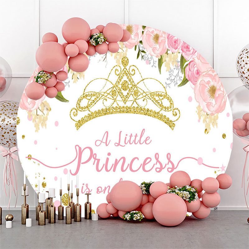 Lofaris Gold Crown Pink Floral Round Girl Baby Shower Backdrop