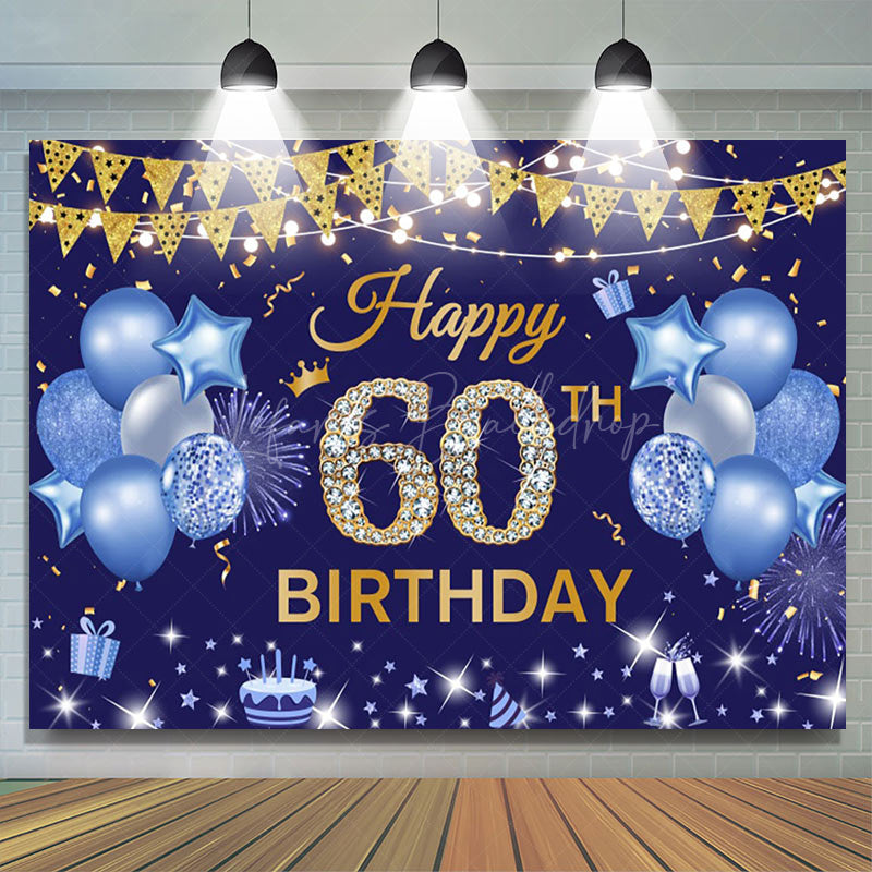 Lofaris Gold Flags Blue Happy 60th Birthday Backdrop