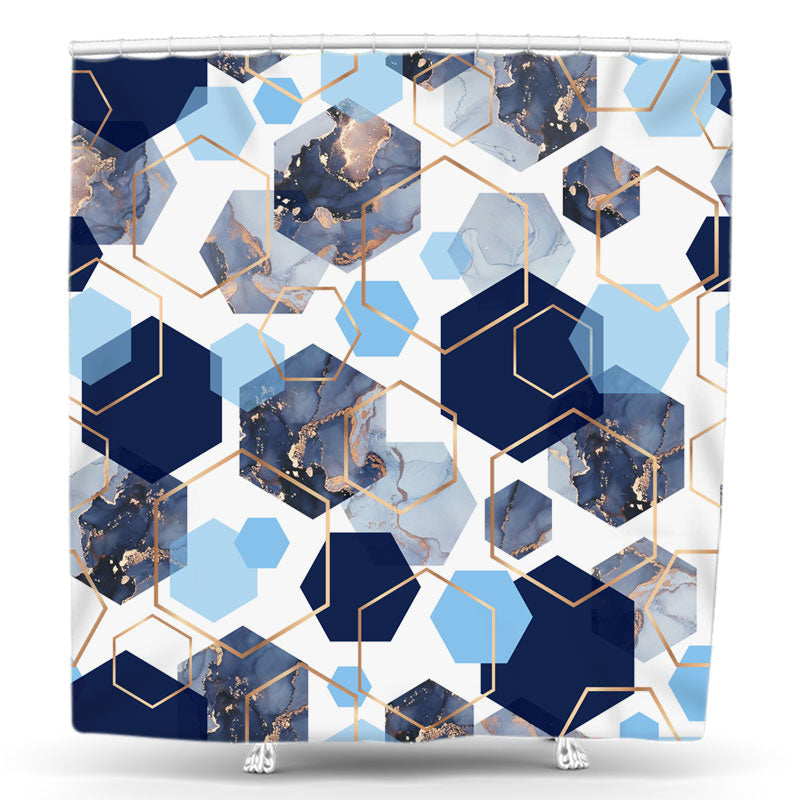 Lofaris Gold Foil Outline Deep Blue Hexagons Shower Curtain