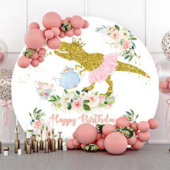 Lofaris Gold Glitter Dinosaur Floral Round Birthday Backdrop