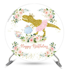 Lofaris Gold Glitter Dinosaur Floral Round Birthday Backdrop