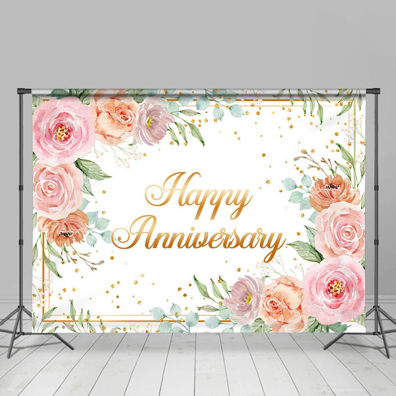 Lofaris Gold Glitter Floral White Happy Anniversary Backdrop