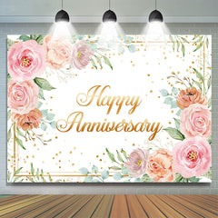 Lofaris Gold Glitter Floral White Happy Anniversary Backdrop