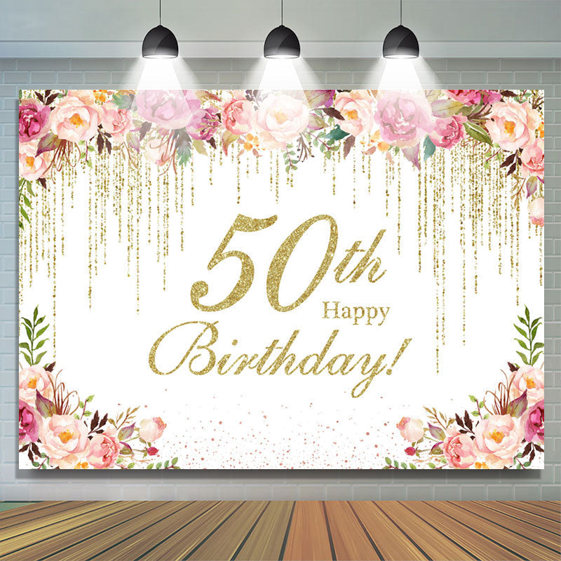 Lofaris Gold Glitter Flower 50th Birthday Backdrop For Women