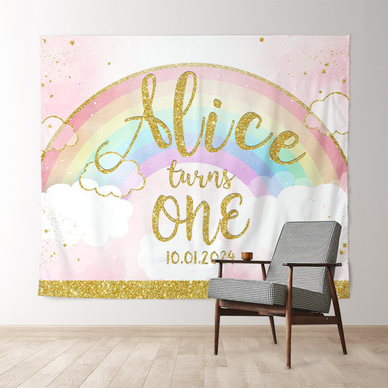 Lofaris Gold Glitter Rainbow Pink Custom 1st Birthdy Backdrop