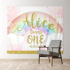 Lofaris Gold Glitter Rainbow Pink Custom 1st Birthdy Backdrop