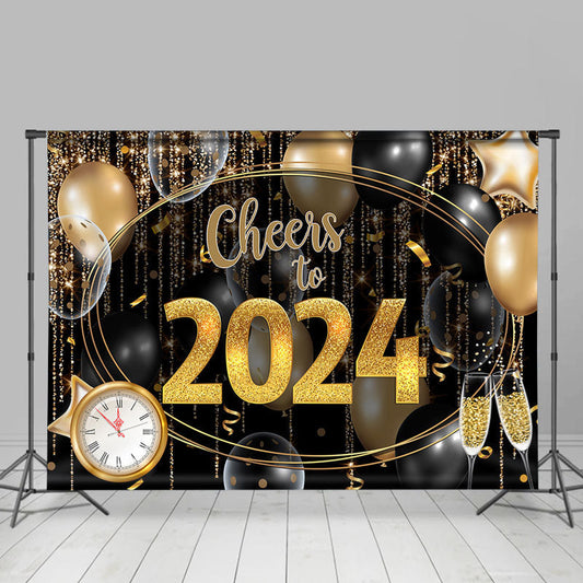 Lofaris Gold Balloons Glitter 2024 Happy New Year Backdrop | New Year Backdrop 2024 | New Year Party Backdrop | New Years Photography Backdrop