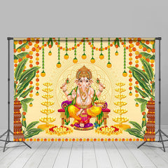 Lofaris Gold Green Leaves Religious Ganesha Worship Backdrop