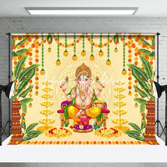 Lofaris Gold Green Leaves Religious Ganesha Worship Backdrop