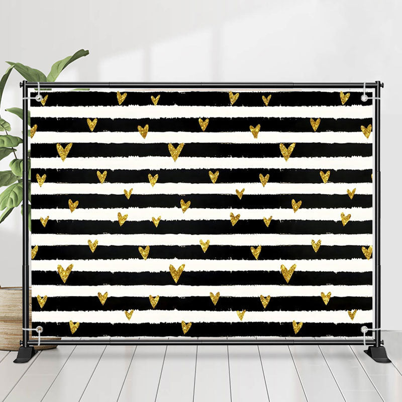 Lofaris Gold Heart Black White Strip Valentines Day Backdrop