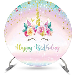 Lofaris Gold Rainbow Unicorn Floral Round Birthday Backdrop