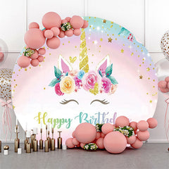 Lofaris Gold Rainbow Unicorn Floral Round Birthday Backdrop