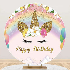 Lofaris Gold Rainbow Unicorn Round Happy Birthday Backdrop