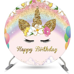 Lofaris Gold Rainbow Unicorn Round Happy Birthday Backdrop