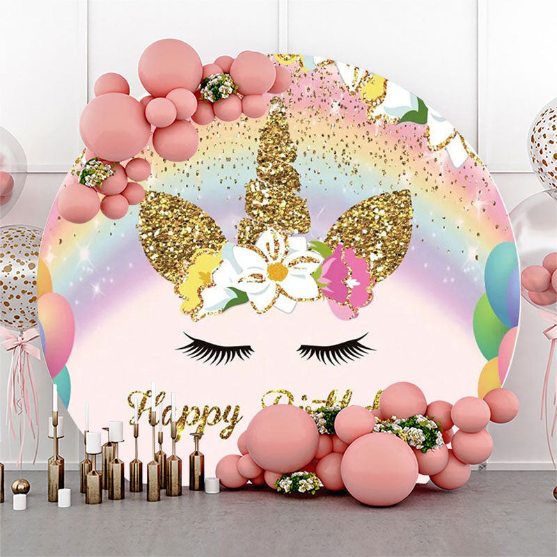 Lofaris Gold Rainbow Unicorn Round Happy Birthday Backdrop