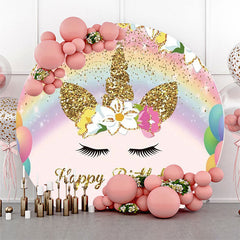 Lofaris Gold Rainbow Unicorn Round Happy Birthday Backdrop