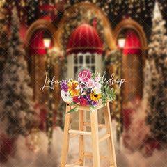 Lofaris Gold Red Door Snow Trees Christmas Photo Backdrop