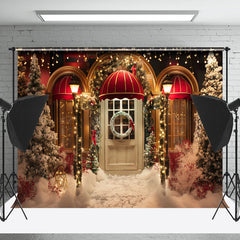 Lofaris Gold Red Door Snow Trees Christmas Photo Backdrop