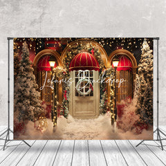 Lofaris Gold Red Door Snow Trees Christmas Photo Backdrop