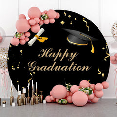 Lofaris Gold Ribbon Bachelor Cap Black Round Graduation Backdrop