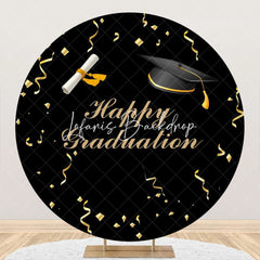 Lofaris Gold Ribbon Bachelor Cap Black Round Graduation Backdrop