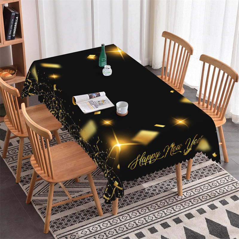 Lofaris Gold Ribbons Bokeh Black Happy New Year Tablecloth