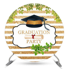 Lofaris Gold White Stripes Leaves Round Grad Party Backdrop