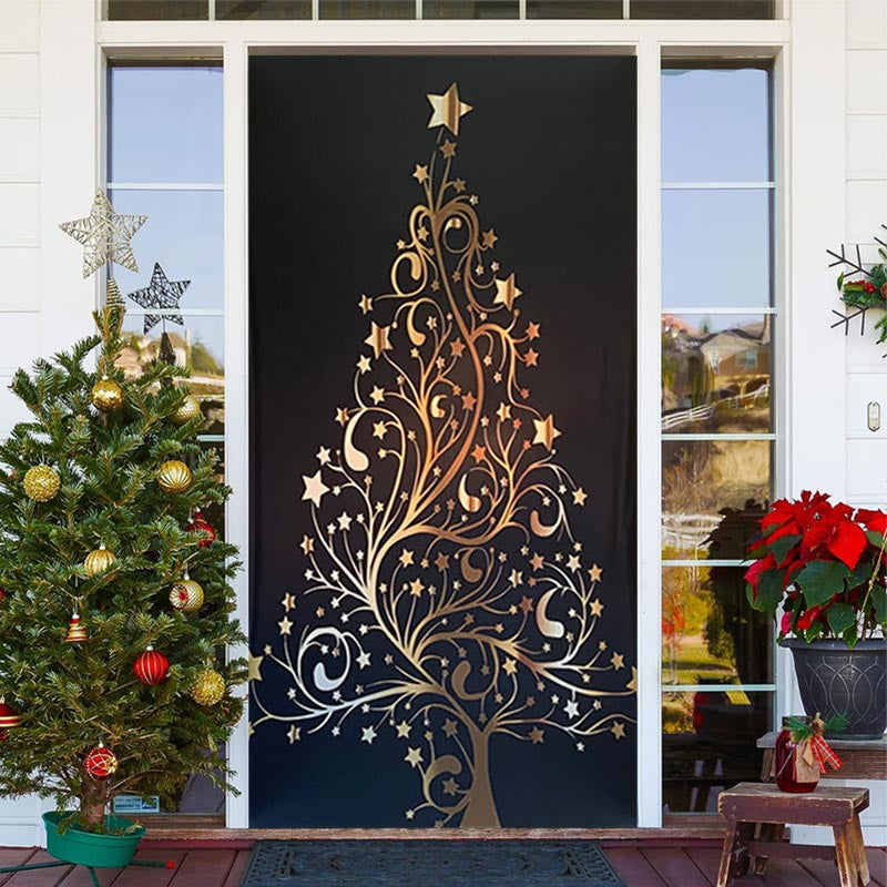 Lofaris Gold Xmas Tree Black Simple Christmas Door Cover