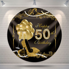 Lofaris Golden Balloons Round Happy 50th Birthday Backdrop