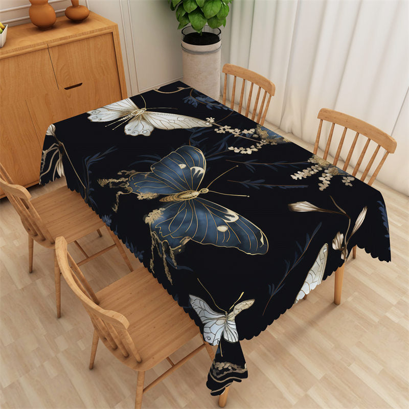 Lofaris Golden Butterfly Floral Black Rectangle Tablecloth