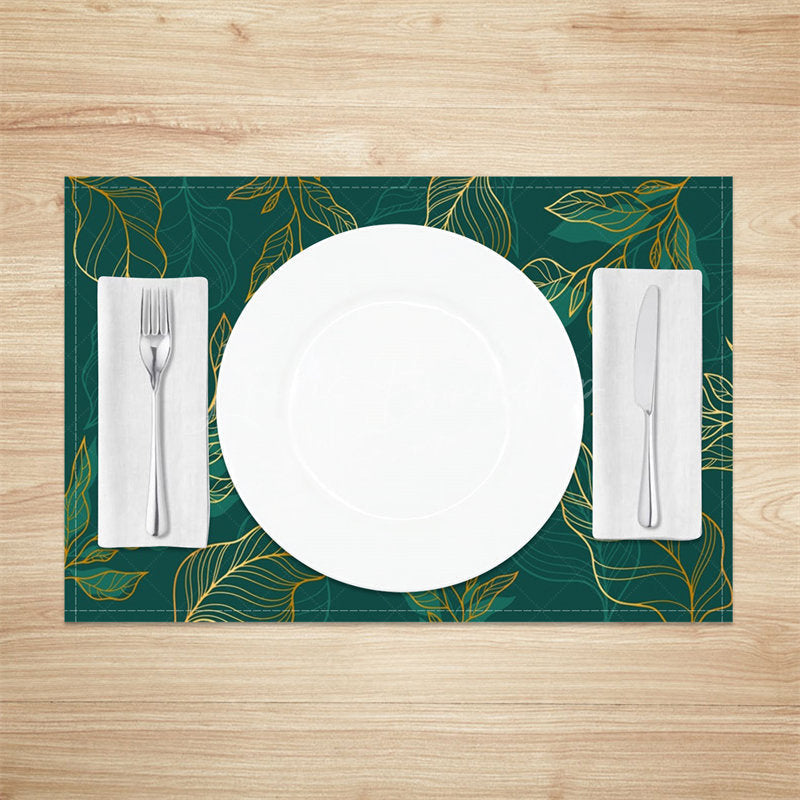 Lofaris Golden Dark Green Leaves Dining Set Of 4 Placemats