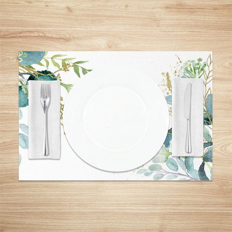 Lofaris Golden Green Floral Leaves Dining Set Of 4 Placemats