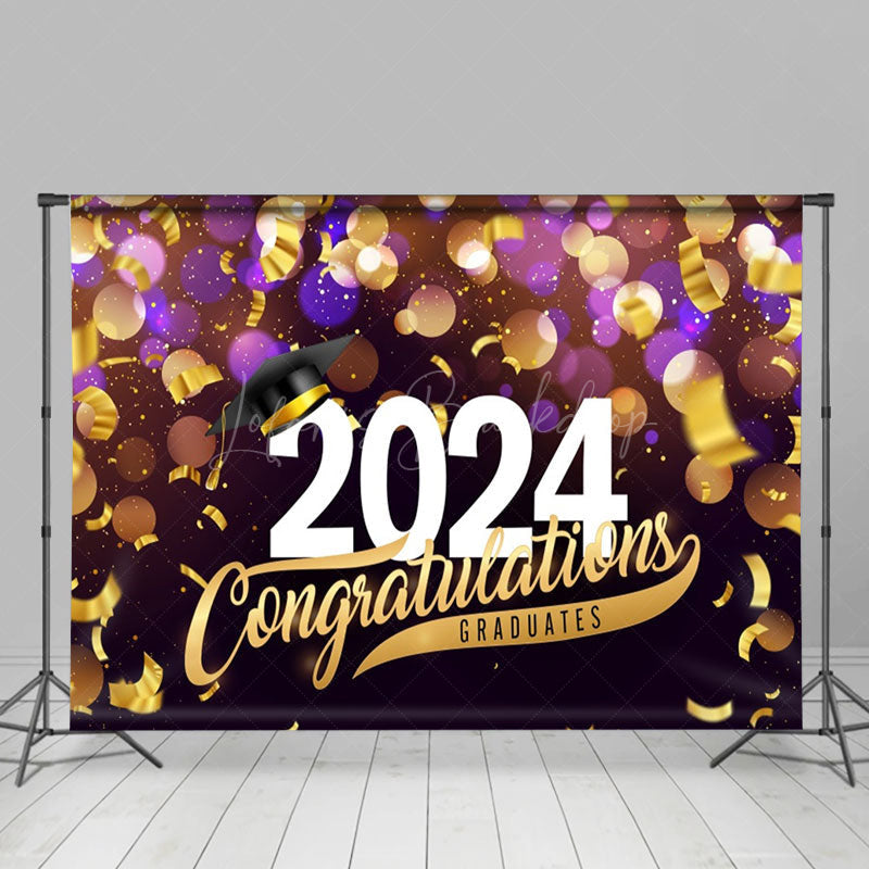 Lofaris Golden Ribbons Purple Bokeh 2024 Graduation Backdrop