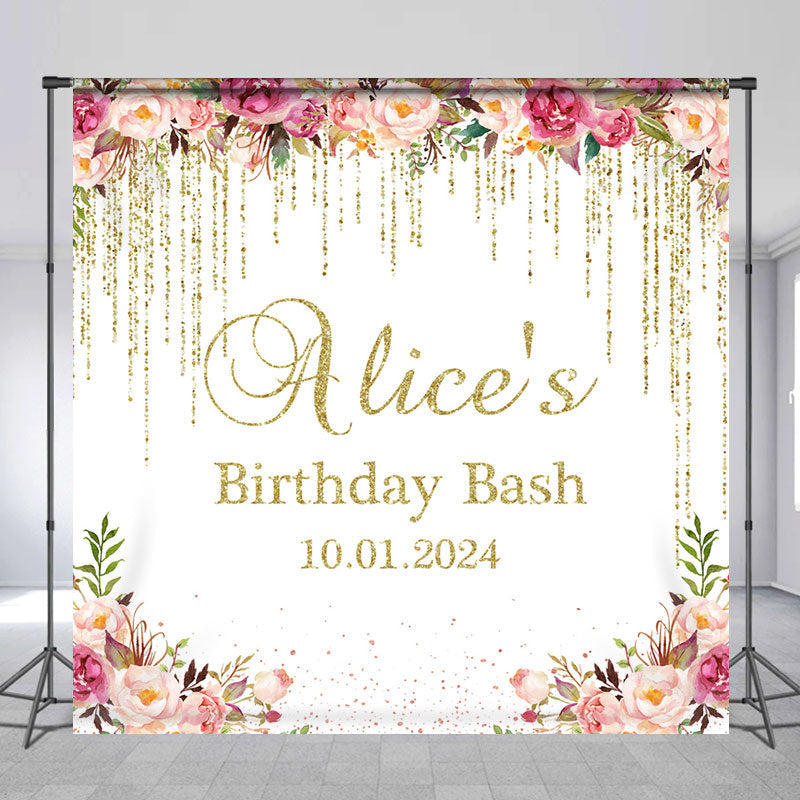 Lofaris Golden Tassels Pink Floral Custom Birthday Backdrop