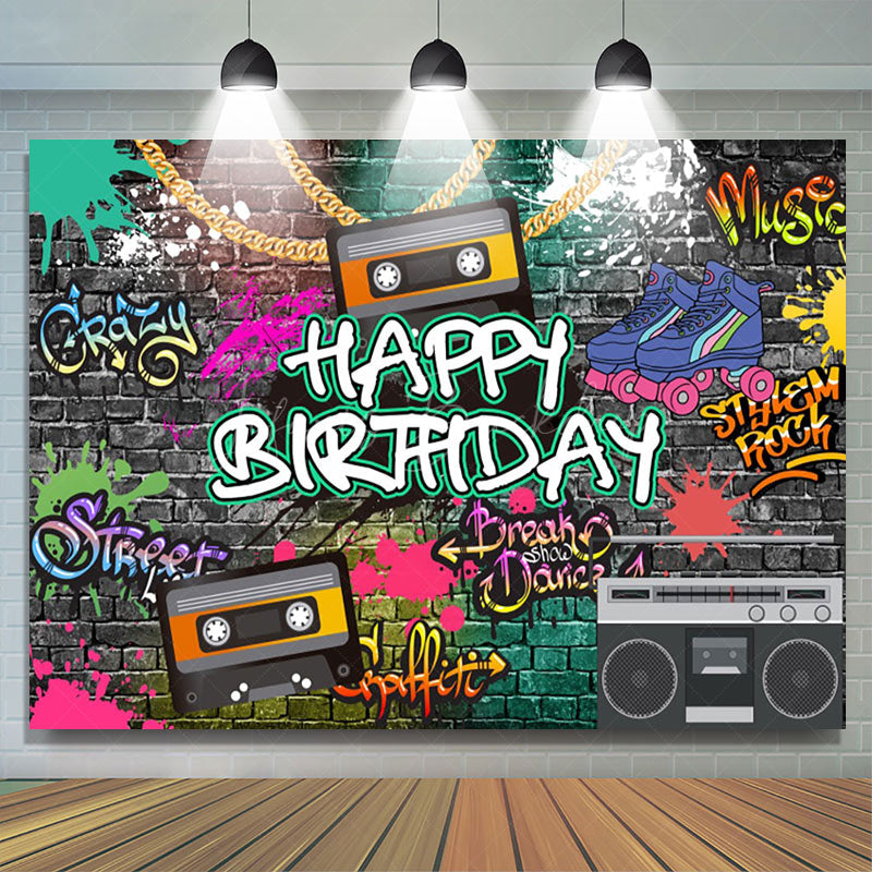 Lofaris Graffiti Wall 90s Speakers Happy Birthday Backdrop