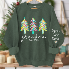 Lofaris Grandma Est Christmas trees color paint And Grandkids Names Sweatshirt