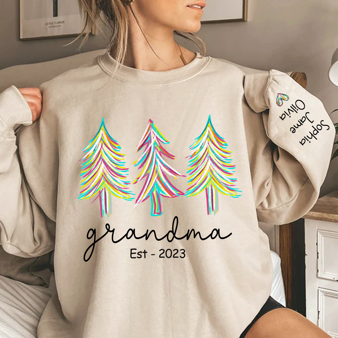 Lofaris Grandma Est Christmas trees color paint And Grandkids Names Sweatshirt