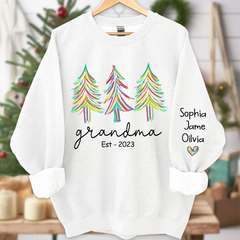 Lofaris Grandma Est Christmas trees color paint And Grandkids Names Sweatshirt