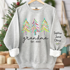 Lofaris Grandma Est Christmas trees color paint And Grandkids Names Sweatshirt