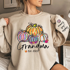 Lofaris Personalized Grandma Est Painted Color Pumpkin And Grandkids Autumn Sweatshirt