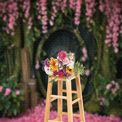 Lofaris Gray Wooden Door Tree Pink Flowers Photo Backdrop