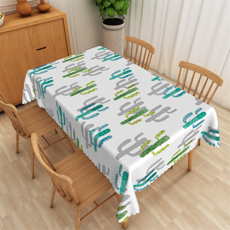 Lofaris Green And Blue Cactus Patterns White Tablecloth