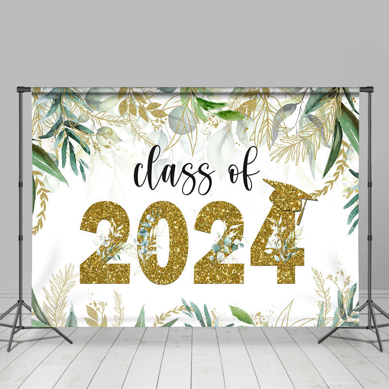 Lofaris Green And Gold Glitter Leaves Class Of 2024 Grad Backdrop