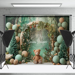 Lofaris Green Balloons Forest Bear Backdrop For Cake Smash