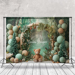 Lofaris Green Balloons Forest Bear Backdrop For Cake Smash