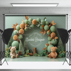 Lofaris Green Balloons Teddy Bear Leaves Cake Smash Backdrop