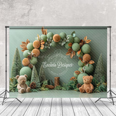 Lofaris Green Balloons Teddy Bear Leaves Cake Smash Backdrop