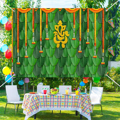 Lofaris Green Banana Leaves Marigold Puja Diwali Backdrop